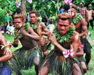Men perform a <em>pokpok</em> dance in Torhbung community, Lak region, 2004. Image © Paul Wolffram.