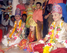 Wedding of Raam and Seeta—an episode from <em>Ramayana</em>, enacted by Avadichya Brahmins during their annual Bhavai ritual in the Jadeshwar temple courtyard. Paladi, Gujarat, India, 2006. Image © Ami Dilip Ahalpara.
